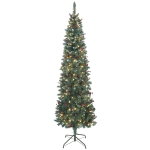 HOMCOM Árbol de Navidad Estrecho 210 cm con Luces LED 8 Modos de Iluminación Ramas con Purpurina Plateada Piñas Bayas Verde