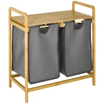 HOMCOM Cos de rufe din bambus , Cos de rufe cu raft, 2 saci pentru dormitor, baie, spalatorie, 64 x 33 x 73 cm, gri