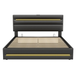 King Upholstered Bed Frame with Hydraulic Storage and LED Lighting, Bedside Equipped with Type-C and USB ports, 210L x 160W x 110H cm, Black