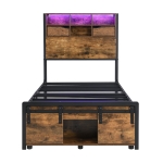 Modern Metal Single Bed with LED Lights and Charging Ports, Crafted Headboard with Sturdy Iron Slats, 209L x 90.5W x 114.5H cm, Black+Natural