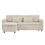 3-in-1 Convertible Corduroy Sofa Bed with Storage and Charging Station, L-Shaped Sleeper Sofa with Armrest, 205L x 128W x 79H cm, Beige