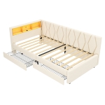 Single Daybed with Storage Drawers, LED Headboard and Charging Station, Linen Sofa Bed Ideal for Compact Rooms, 200L x 97W x 82H cm, Beige