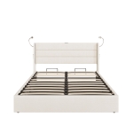 King Upholstered Bed with Hydraulic Storage, Adjustable LED Reading Light, Practical Headboard for Living Room, 208L x 158W x 113H cm, Beige