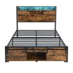 Metal Double Bed with LED Lights and Charging Ports, Practical Bed Base with Built-In Storage, 209L x 137.5W x 114.5H cm, Black+Natural