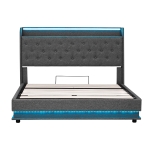 Double Upholstered Bed Frame with Hydraulic Storage, Charging Station, LED Headboard Ideal for Living Room, 203L x 141W x 113H cm, Grey