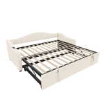 Velvet Upholstered Daybed with USB and Type-C Charging Ports, Convertible Sofa Bed with Pull-Out Trundle, 202L x 193W x 78H cm, Beige