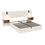 King Bed Frame with Charging Station and Reading Light, Upholstered Bed with Button Tufted Headboard, 207L x 237W x 108H cm, Beige