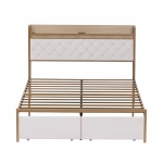 Double Bed Frame with Storage Drawers, RGB LED Headboard, Modern Bed Base for Living Rooms, 207L x 138W x 100H cm, Beige+Chrome