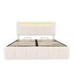 Double Upholstered Bed Frame with Hydraulic Storage and Charging Station, LED Headboard for Modern Homes, 193L x 144W x 116H cm, Beige