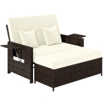 Outsunny Poly-rotan loungebank 2-zits set ligstoel kruk bruin