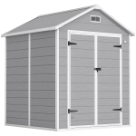 Outsunny 6 x 5ft Garden Shed, Plastic Shed with Floor, Window, Lockable Doors and Vents, Wood Effect Resin Tool Shed for Outdoor Patio, Dark Grey