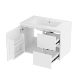 Wandhängender Badezimmerschrank mit LED-Radarsensor-Beleuchtung, zwei Schubladen und integriertem Keramikwaschbecken, 76x 46 x 50 cm, Weiß