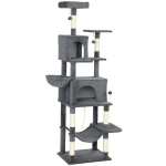 PawHut Arbre à chat 202 cm avec 6 poteaux en sisal, 2 niches, 2 hamacs et lit, Gris