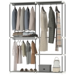 HOMCOM Armoire à vêtements Armoire ouverte avec 4 étagères en tissu 3 tringles pour suspendre Cadre métallique 142x43x185 cm Gris clair