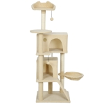PawHut Arbre à griffer 140 cm Tour pour chat avec hamac, échelle, tanière, 2 balles en peluche, poteaux en sisal, 48 x 48 x 140 cm, Beige