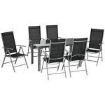 Outsunny 7 Piece Garden Dining Set - Outdoor Table and 6 Folding and Reclining Chairs with Aluminium Frame, Tempered Glass Top Table, Texteline Seats, Black