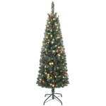 HOMCOM Brad de Crăciun Iluminat cu 150 de Lumini LED, 30 Conuri de Pin și 30 Ciorchini de Boabe, Ø60x150 cm, Verde și Argintiu