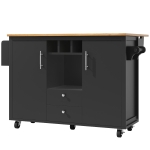 Îlot de cuisine avec table pliante, grand espace de rangement, casier à vin, porte-serviette et porte-épices, 137,9x45/73x92,2 cm, Noir