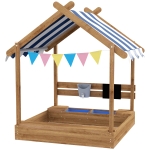 Outsunny Sandkasten mit Sonnenschutz, Spielhaus-Design, mit Spielzeug-Set, behandeltes Massivholz, 124 x 116 x 146 cm, Braun