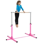 HOMCOM Barre fixe de gymnastique pour enfant, hauteur réglable 13 niveaux de 92-150 cm, acier et bois en hêtre, barre d'entrainement de gymnastique à domicile, antidérapant, facile à assembler, rose
