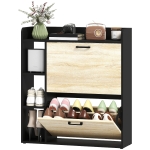 HOMCOM Meuble à chaussures étroit 2 portes 3 étagères latérales et étagères réglables pour 15 paires de chaussures Naturel et Noir