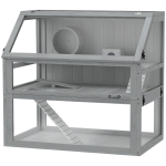 PawHut Cage pour hamster en bois, 3 étages avec sous-sol profond, plateaux amovibles, pour petits animaux, 80x50x76cm, Gris clair
