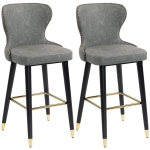 HOMCOM Bar Stools Set of 2, PU Leather Barstools with Back, Footrest and Wood Legs for Kitchen, Counter, Breakfast Bar, Grey