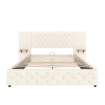 Modern Bed Frame with Wide Button-Tufted Headboard, Integrated LED Lighting, Bed Base with USB-C Ports, 209L x 221W x 103H cm, Beige