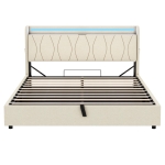 5ft King Upholstered Bed Frame with Hydraulic Storage and Charging Station, RGB LED Bed Base for Living Room, 220L x 155W x 105H cm, Beige