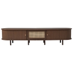 Oval TV Unit with Rattan Drawer and 2 Sliding Doors, Rounded Corner Sideboard,TV Stand Suitable for 70-inch TV, 180L x 40W x 40H cm, Oak