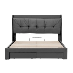 5ft King Ottoman Bed Frame with Two Drawers and Side Pockets, Velvet Upholstered Headboard for Living Room, 213L x 155W x 111H cm, Grey