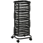 HOMCOM 4-Basket Rotating Vegetable & Fruit Cart on Wheels, Top Tray, Wire Steel Shelf, 33x33x77 cm, Black