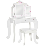 HOMCOM Tocador Infantil de Madera con Taburete y Espejo Acrílico de 3 Sectores Mesa de Maquillaje para Niñas con Cajón para Habitación del Niño 63x40x85,5 cm Rosa
