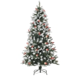 HOMCOM Albero di Natale Innevato 180cm con Bacche Rosse e Pigne Bianche, Base Rimovibile Pieghevole, 678 Rami, Verde