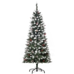 HOMCOM Albero di Natale Innevato Artificiale 150cm con Bacche Rosse e Pigne Bianche, Base Rimovibile Pieghevole, 408 Rami