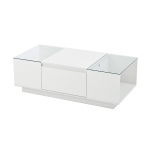 Tavolino da salotto con vano contenitore, illuminazione LED d'atmosfera, piano in vetro e 2 cassetti, 105x50x35 cm, Bianco