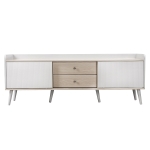 Mobile TV con 2 cassetti, ante scorrevoli a righe e gambe in legno robuste, 160x40x58 cm, Bianco