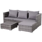 Outsunny 3 Pieces Rattan Garden Furniture Sofa Set, 4 Seater Garden Corner Sofa with 5-Level Reclining Sun Lounger and Storage Coffee Table, Outdoor Furniture Conservatory Set with Cushions, Grey