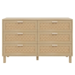 Sideboard mit sechs Rattanschubladen, vielseitiger Schlafzimmerschrank mit großzügigem Stauraum, 120x40x75 cm, Naturfarbe