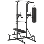 HOMCOM Power Tower con Panca e Sacco da Boxe di 20kg, Stazione Multiuso in Acciaio Nero per Allenamento Total Body