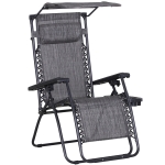 Outsunny Foldable Reclining Garden Chair with Headrest, Zero Gravity Deck Sun Lounger Seat with Footrest, Armrest, Cup Holder & Canopy Shade, Grey