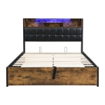 Hydraulic Storage Bed with Charging Sockets and LED Strip, Double Bed with Hydraulic Storage, 208L x 141W x 107H cm, Black+Neutral