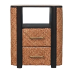 Solid Mango Wood Curved-Edge Rattan Bedside Table with 2 Drawers, Bedside Cabinet with Open Shelf, 40L x 50W x 60H cm, Brown