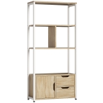 HOMCOM Librería Estantería para Libros con Estantes Cajones y Puerta 58x24x122 cm Estilo Industrial Blanco y Madera Natural