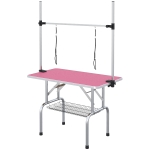 PawHut Table de toilettage canine pliante avec panier métallique Barre réglable en acier inoxydable 107x60x164 cm Rose