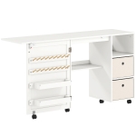 HOMCOM Mesa de Costura Plegable con 6 Ruedas 18 Clavijas 2 Cajones y 3 Compartimentos Blanco