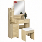 HOMCOM Ensemble de coiffeuse table de maquillage avec tabouret rembourré grand miroir + plusieurs étagères ouvertes + 4 tiroirs bois naturel