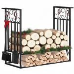 HOMCOM Porte-bûches range bûches étagère à bois de cheminée serviteur de cheminée multi-accessoires dim. 75L x 30l x 60H cm acier noir