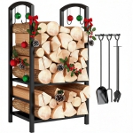 Outsunny Porte bûches - Range bûches Serviteur de cheminée - Multi Accessoires 2 étagères 40L x 30l x 75H cm métal Noir