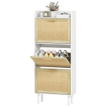 HOMCOM Meuble à chaussures 3 portes abattants étagère effet résine tressée design bohème 65 x 24,5 x 153 cm blanc